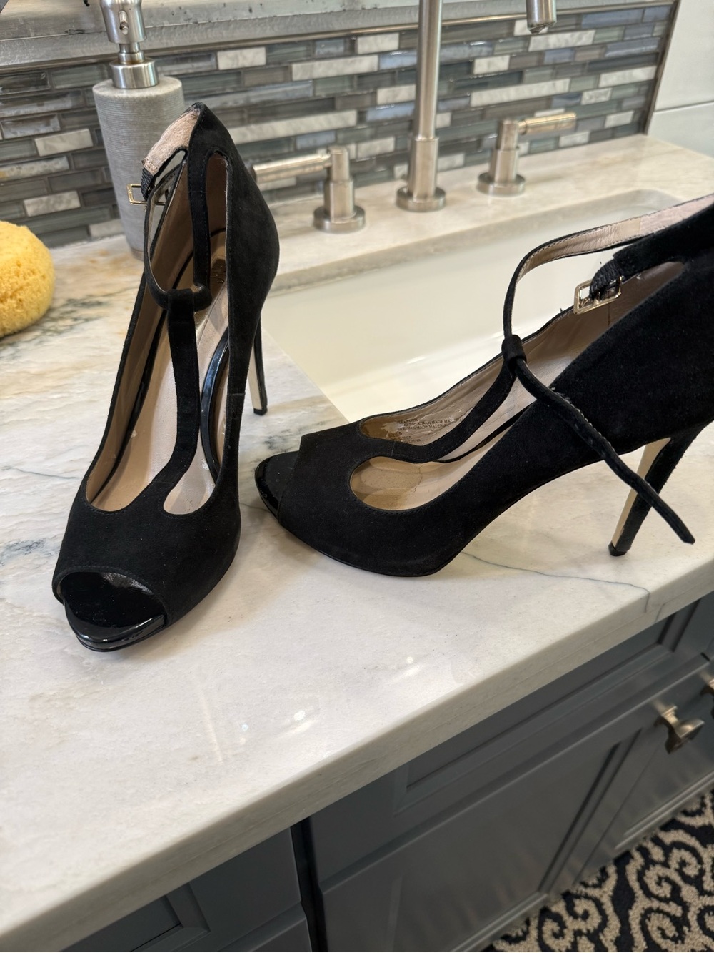 Black Suede Peep-Toe T-Strap Heels